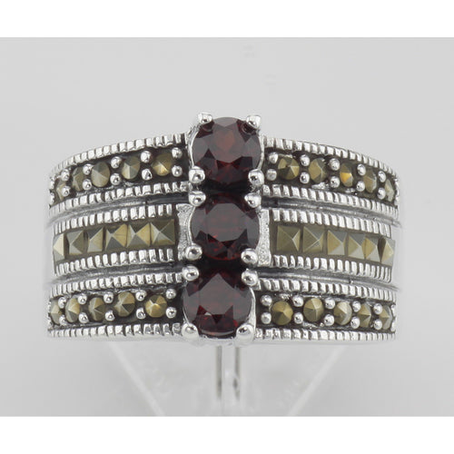 Back view of 3 Stone Genuine Red Garnet and Marcasite Ring showing 925 sterling silver hallmark