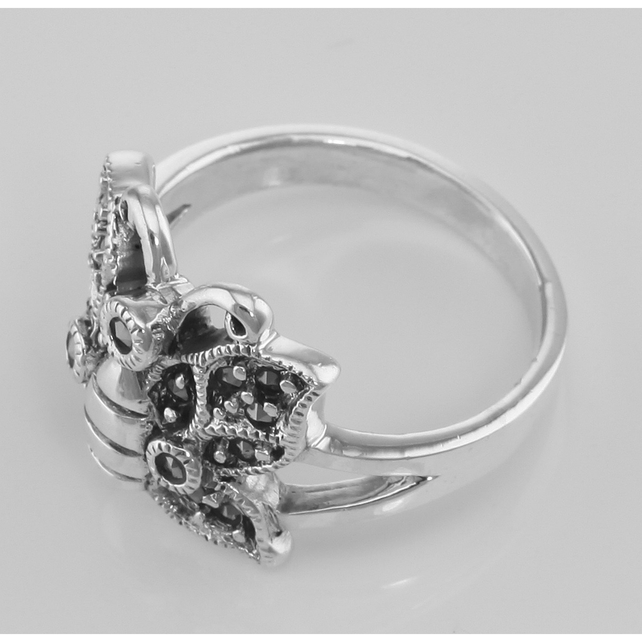 Detail view of Antique Style Marcasite Butterfly Ring highlighting Marcasite