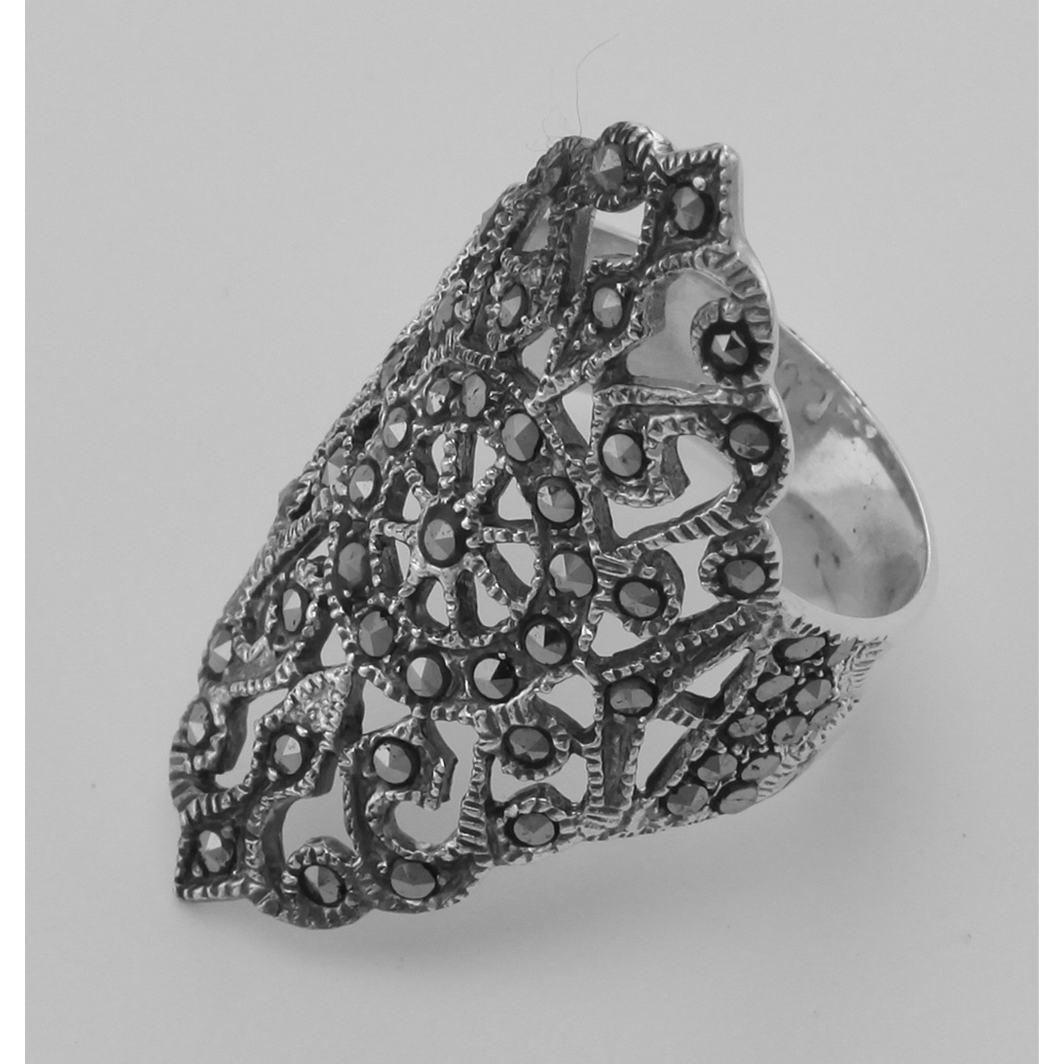 Detail view of Marcasite Ring - Filigree Design highlighting Marcasite