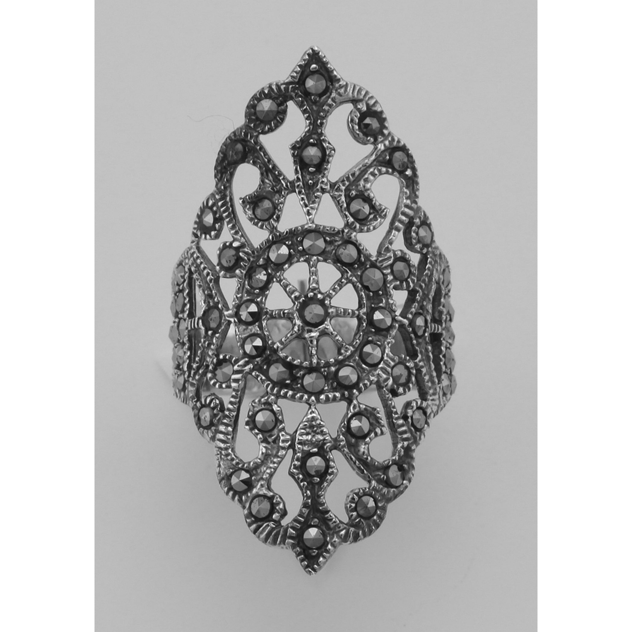 Back view of Marcasite Ring - Filigree Design showing 925 sterling silver hallmark