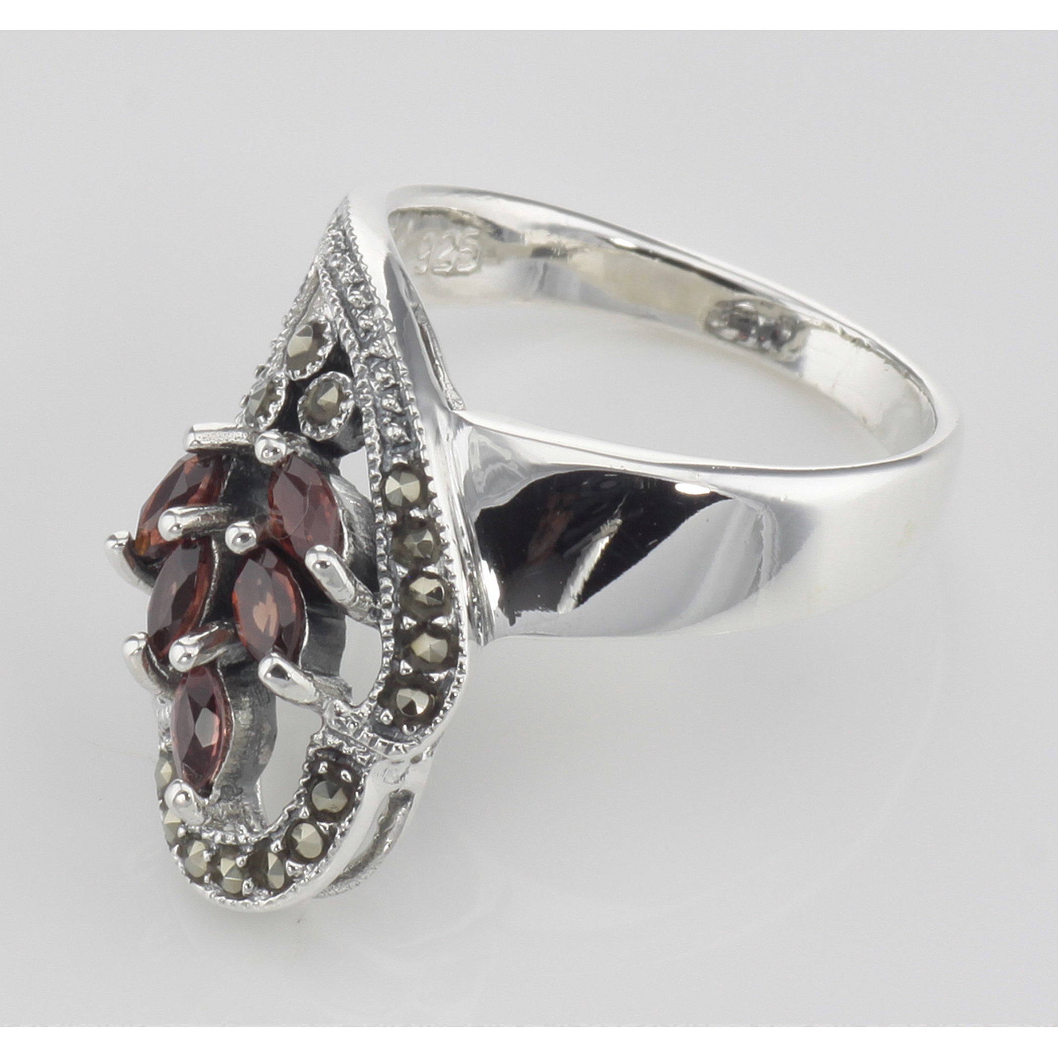 Detail view of Antique Style Genuine Red Garnet and Marcasite Ring highlighting Garnet, Marcasite