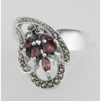 Back view of Antique Style Genuine Red Garnet and Marcasite Ring showing 925 sterling silver hallmark