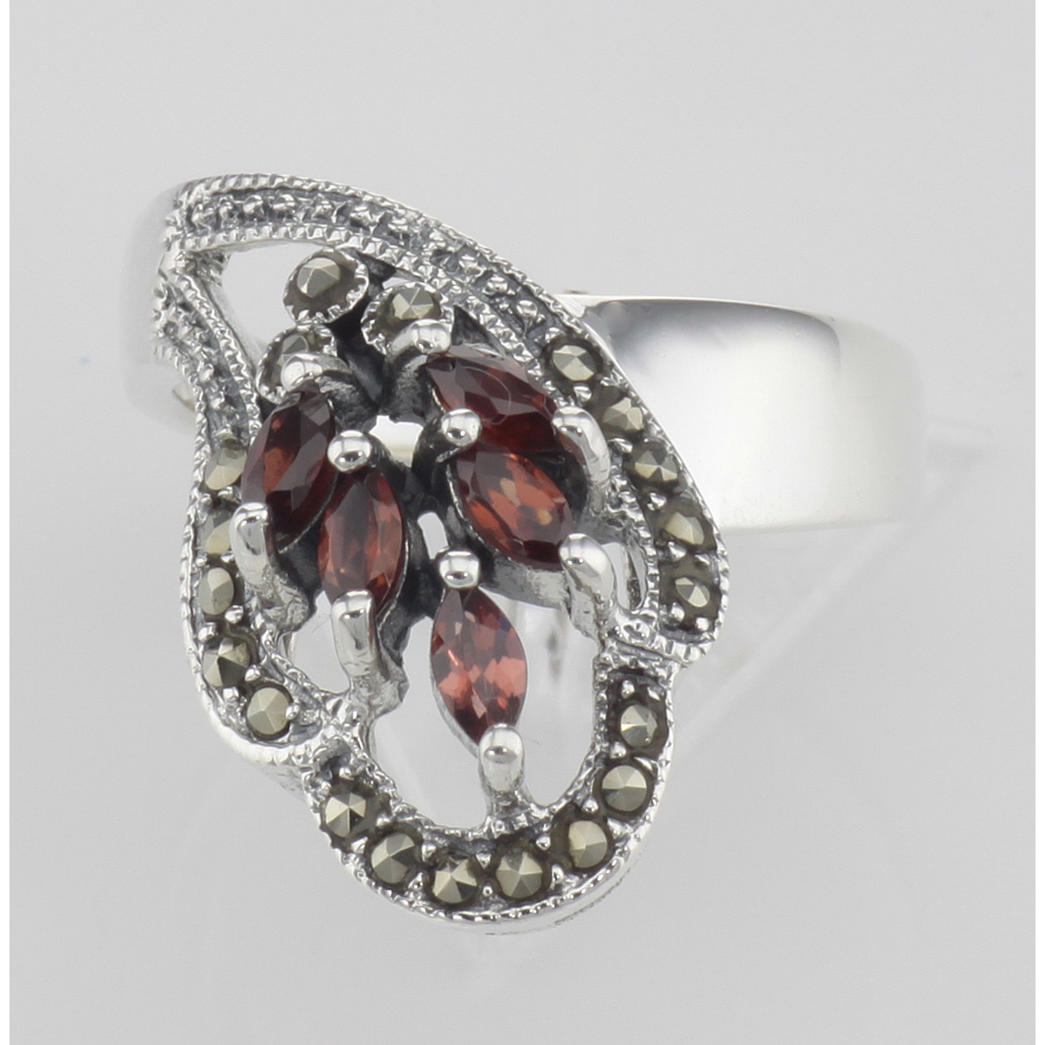 Back view of Antique Style Genuine Red Garnet and Marcasite Ring showing 925 sterling silver hallmark