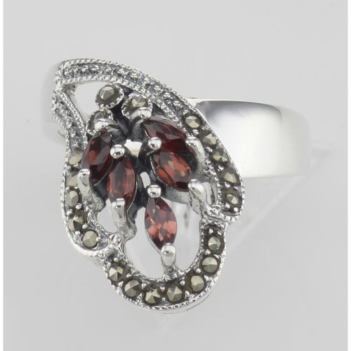 Back view of Antique Style Genuine Red Garnet and Marcasite Ring showing 925 sterling silver hallmark
