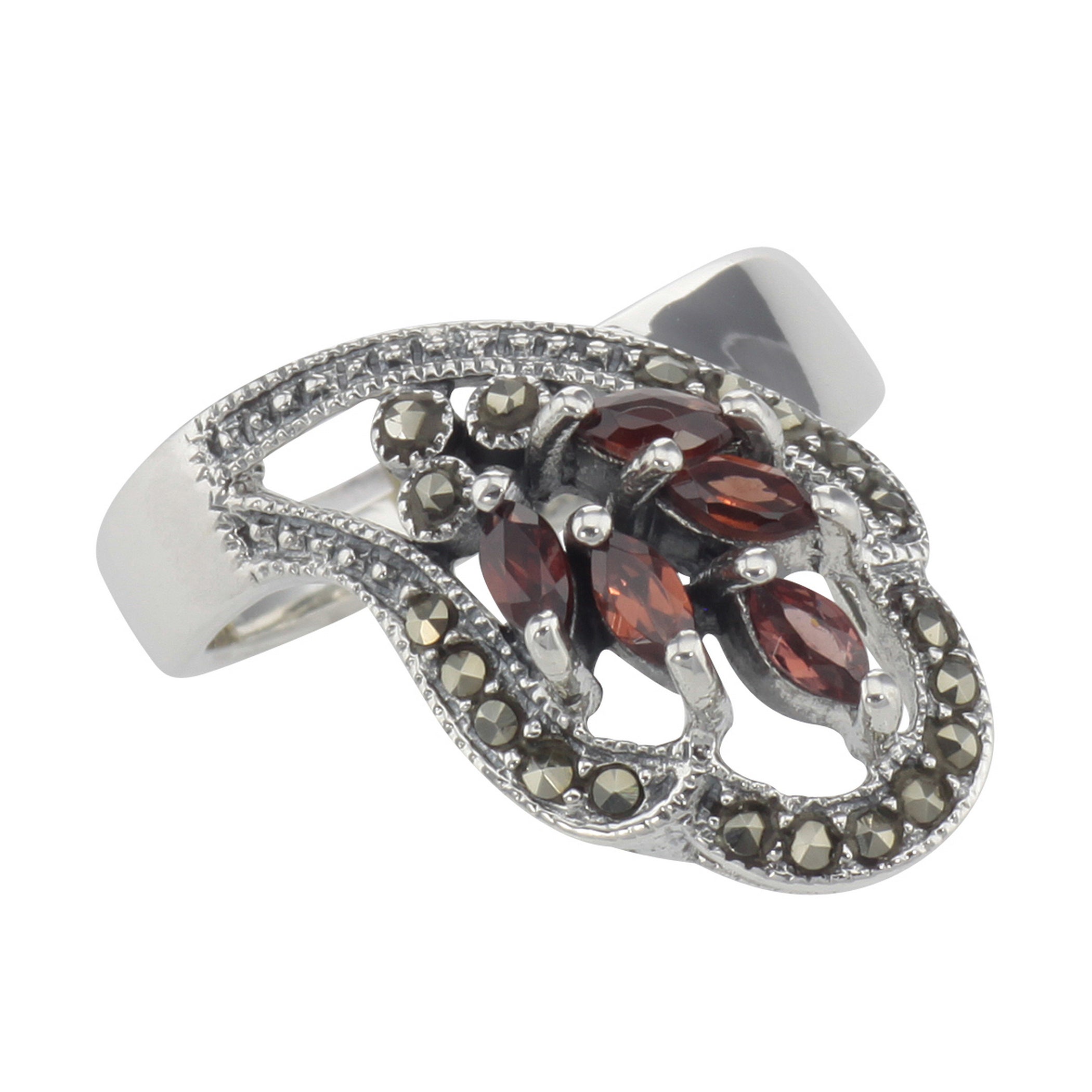 Antique style, Garnet, Marcasite, sterling silver rings, front view