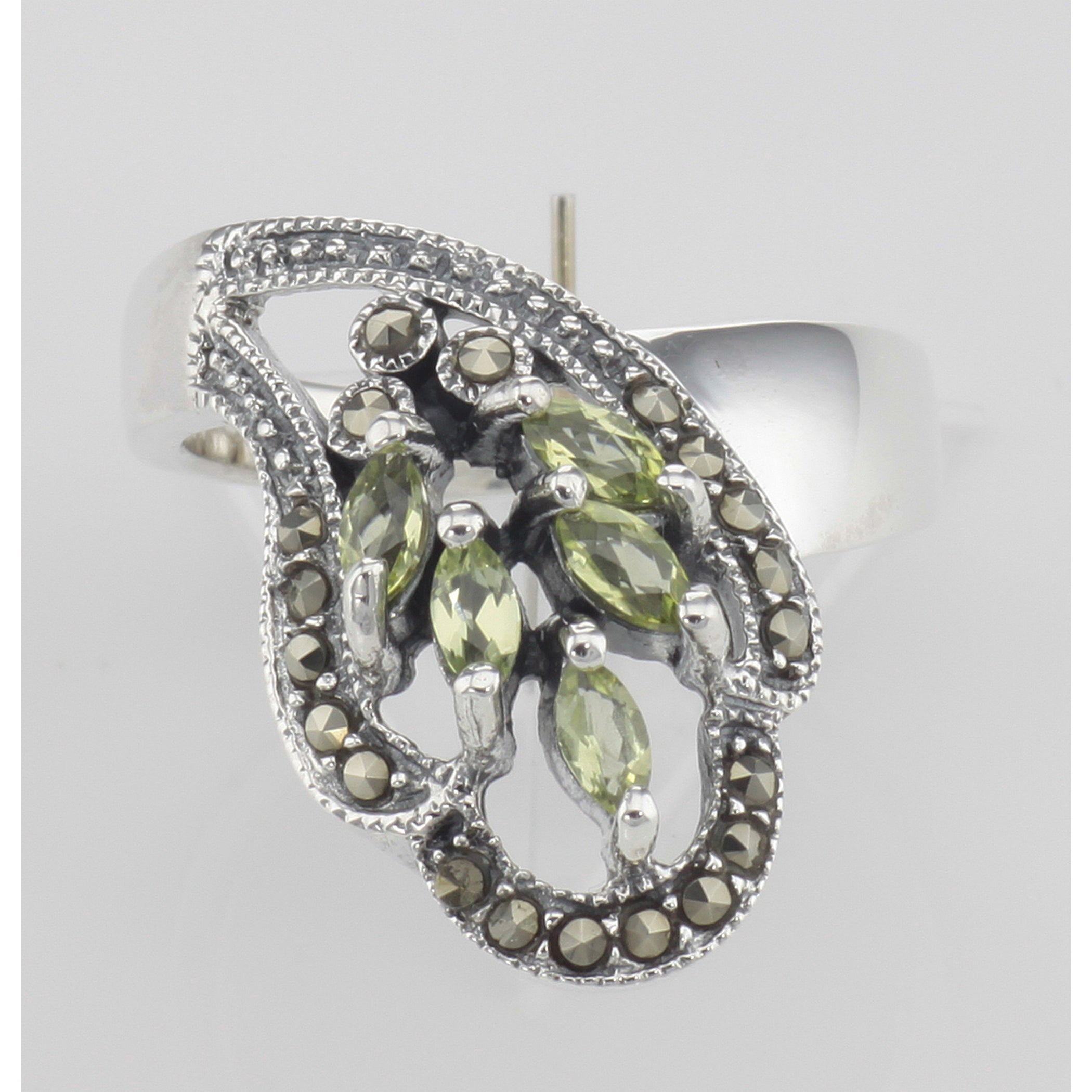 Back view of Antique Style Genuine Peridot Ring Marcasite Accents showing 925 sterling silver hallmark