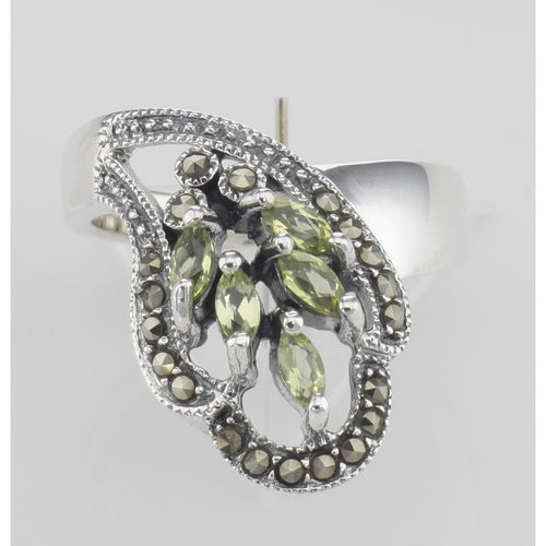Back view of Antique Style Genuine Peridot Ring Marcasite Accents showing 925 sterling silver hallmark