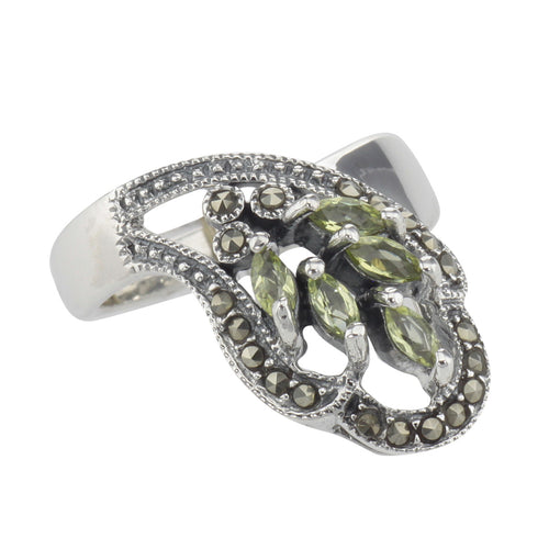Antique style, Peridot, Marcasite, sterling silver rings, front view