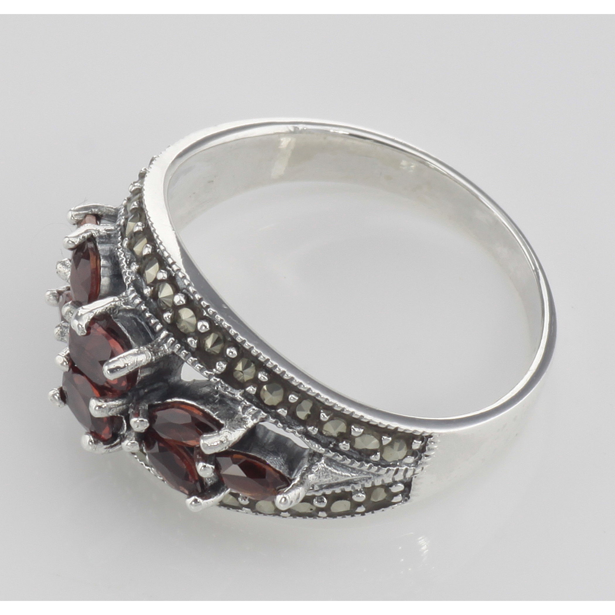 Detail view of ONLY 3 IN STOCK - Vintage Style Garnet Ring with Marcasites highlighting Garnet, Marcasite