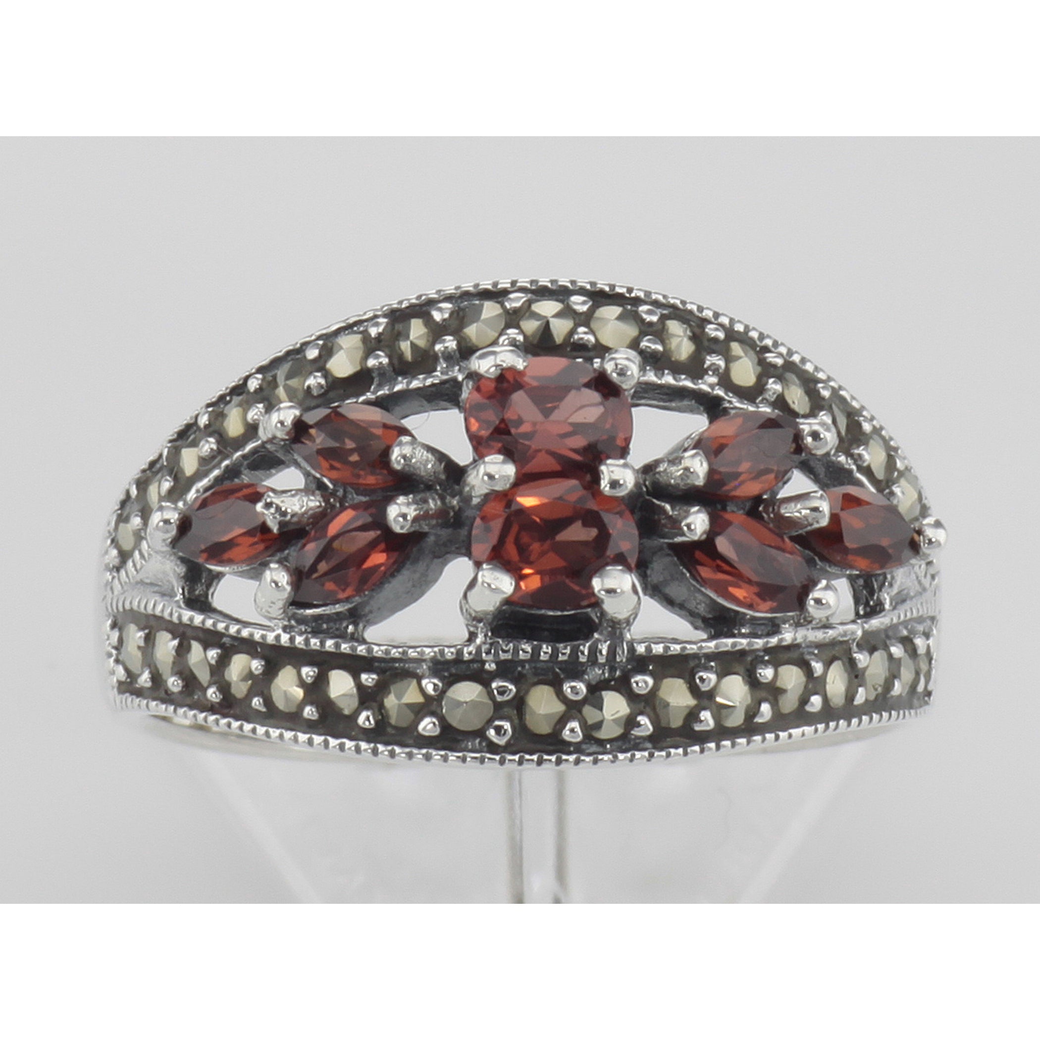 Back view of ONLY 3 IN STOCK - Vintage Style Garnet Ring with Marcasites showing 925 sterling silver hallmark