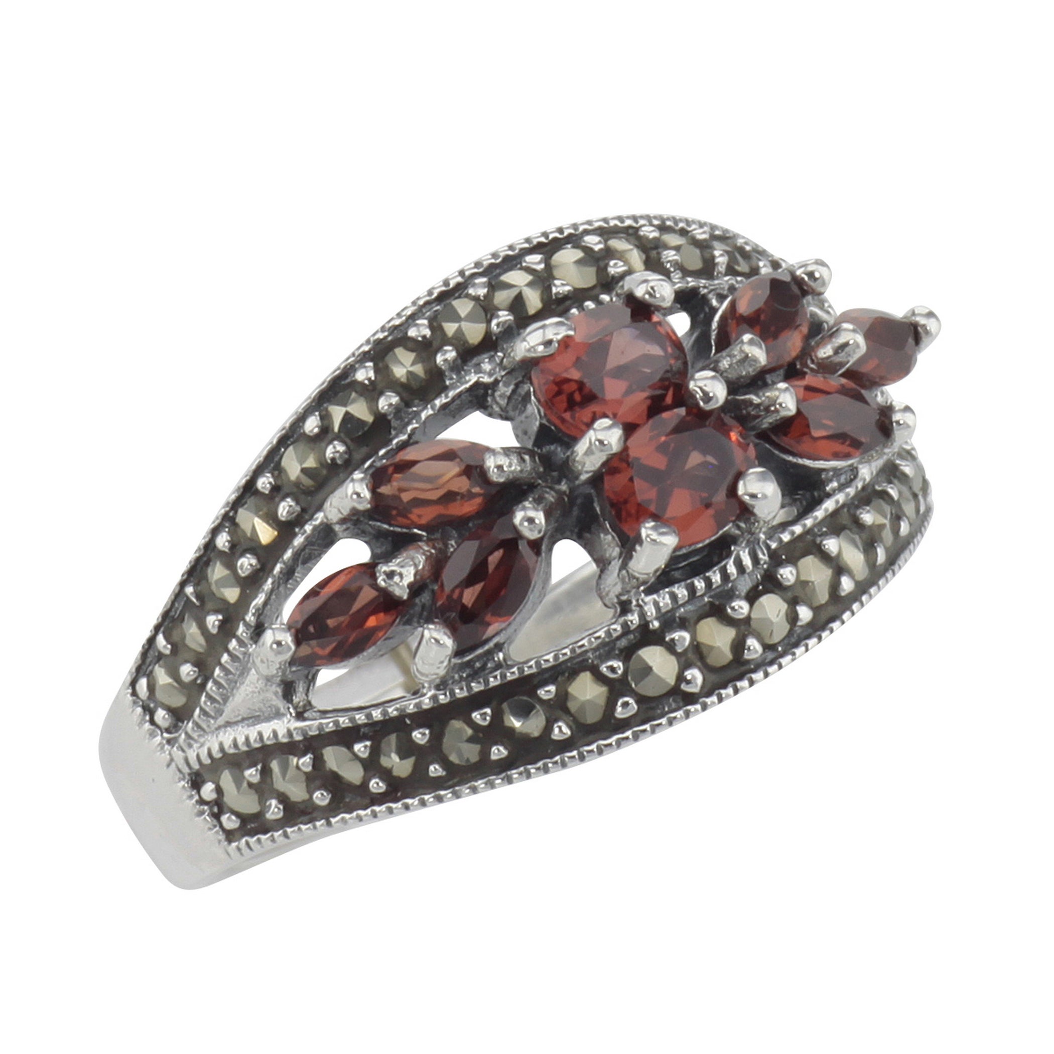 Garnet, Marcasite, sterling silver rings, front view