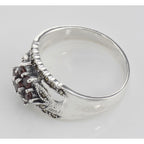 Detail view of Floral Design Red Garnet Ring with Marcasite accents highlighting Garnet, Marcasite