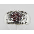 Back view of Floral Design Red Garnet Ring with Marcasite accents showing 925 sterling silver hallmark