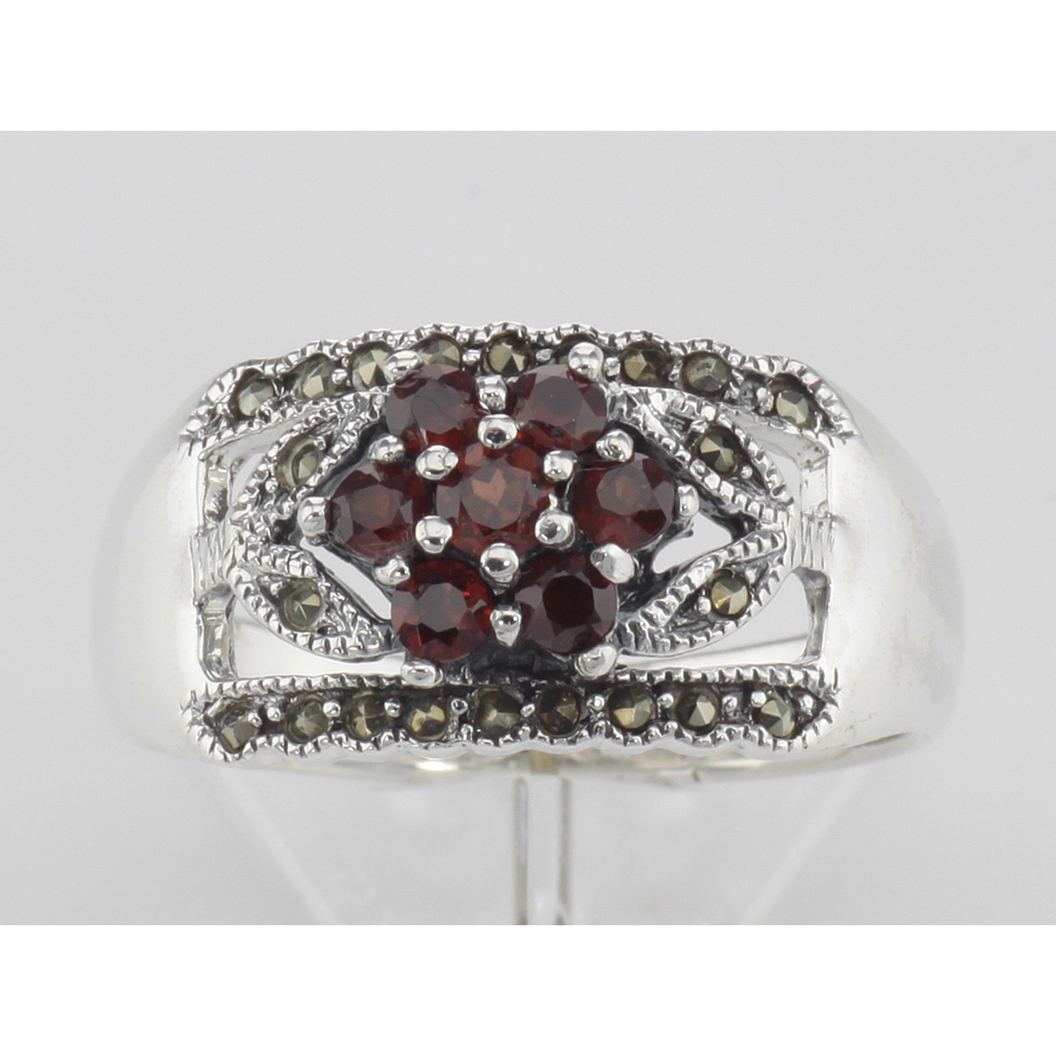 Back view of Floral Design Red Garnet Ring with Marcasite accents showing 925 sterling silver hallmark