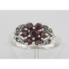Back view of Antique Style Garnet - Marcasite Floral Design Ring showing 925 sterling silver hallmark