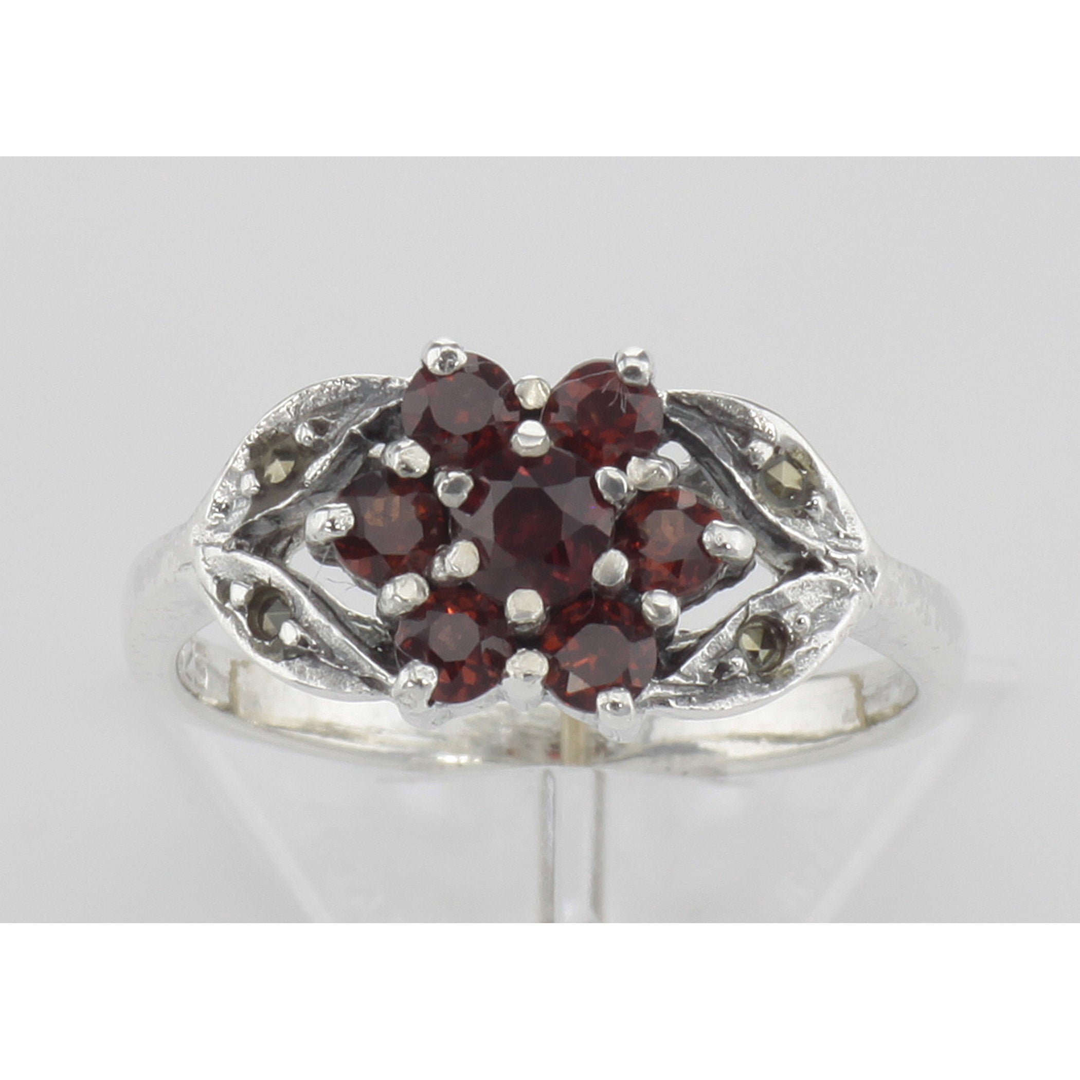 Back view of Antique Style Garnet - Marcasite Floral Design Ring showing 925 sterling silver hallmark