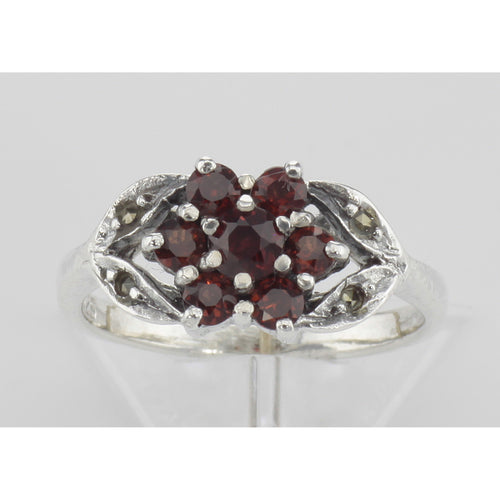 Back view of Antique Style Garnet - Marcasite Floral Design Ring showing 925 sterling silver hallmark