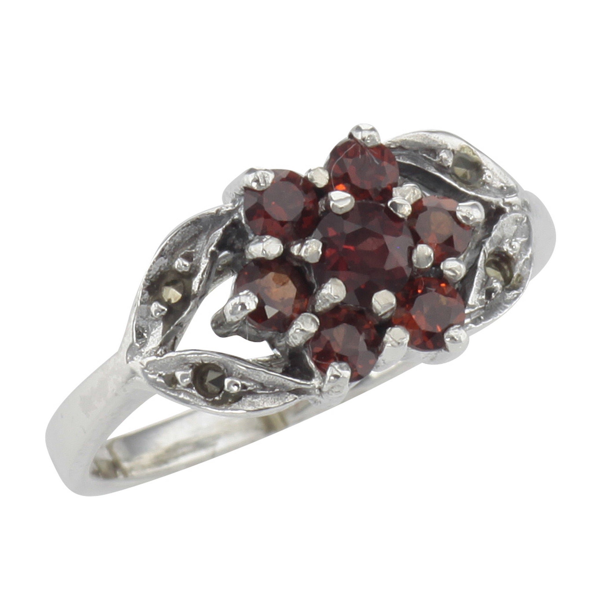 Antique style, Garnet, Marcasite, sterling silver rings, front view