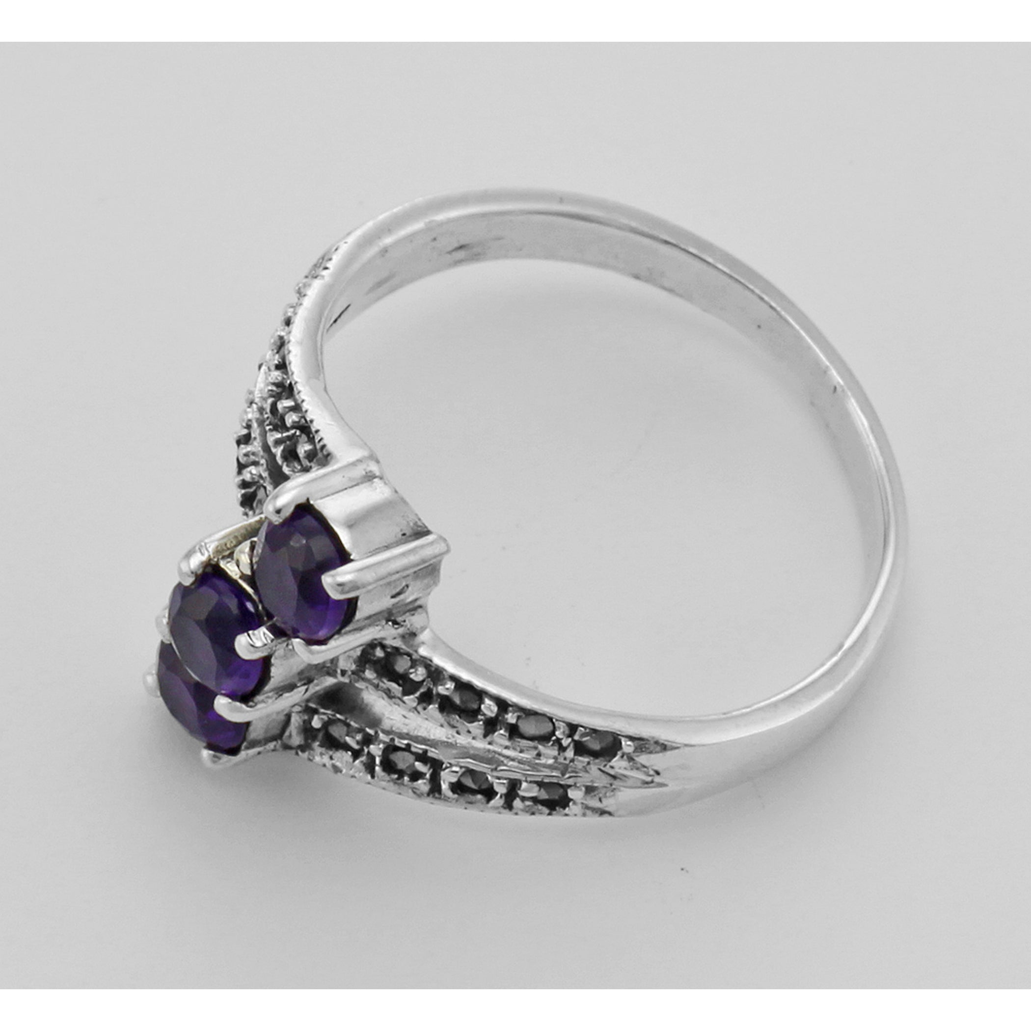Detail view of Amethyst Marcasite Ring highlighting Amethyst, Marcasite