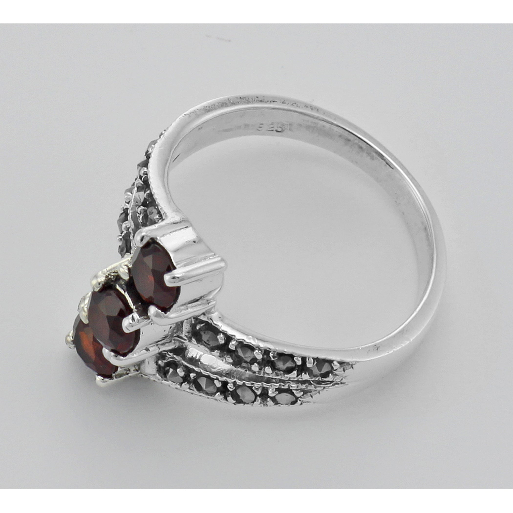 Detail view of Antique Style Garnet Marcasite Ring highlighting Garnet, Marcasite
