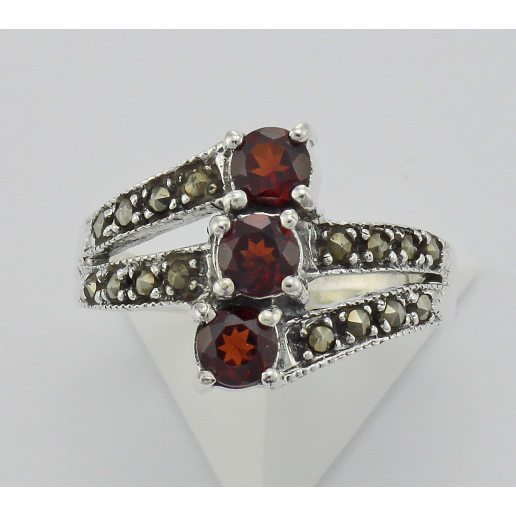 Back view of Antique Style Garnet Marcasite Ring showing 925 sterling silver hallmark