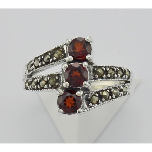 Back view of Antique Style Garnet Marcasite Ring showing 925 sterling silver hallmark