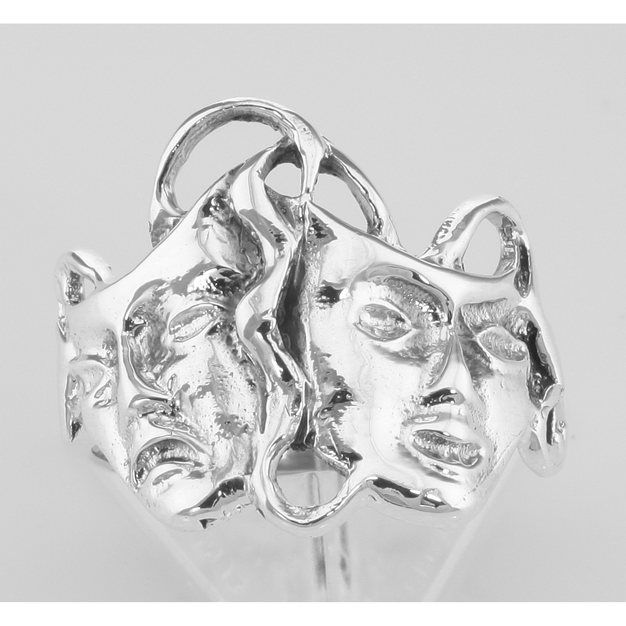 Back view of Classic Comedy Tragedy Ring Thespian Ring in fine Sterling Silver showing 925 sterling silver hallmark