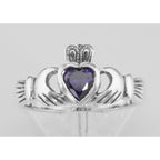 Detail view of Irish Claddagh Ring w/ Amethyst CZ Gemstone highlighting Amethyst, CZ