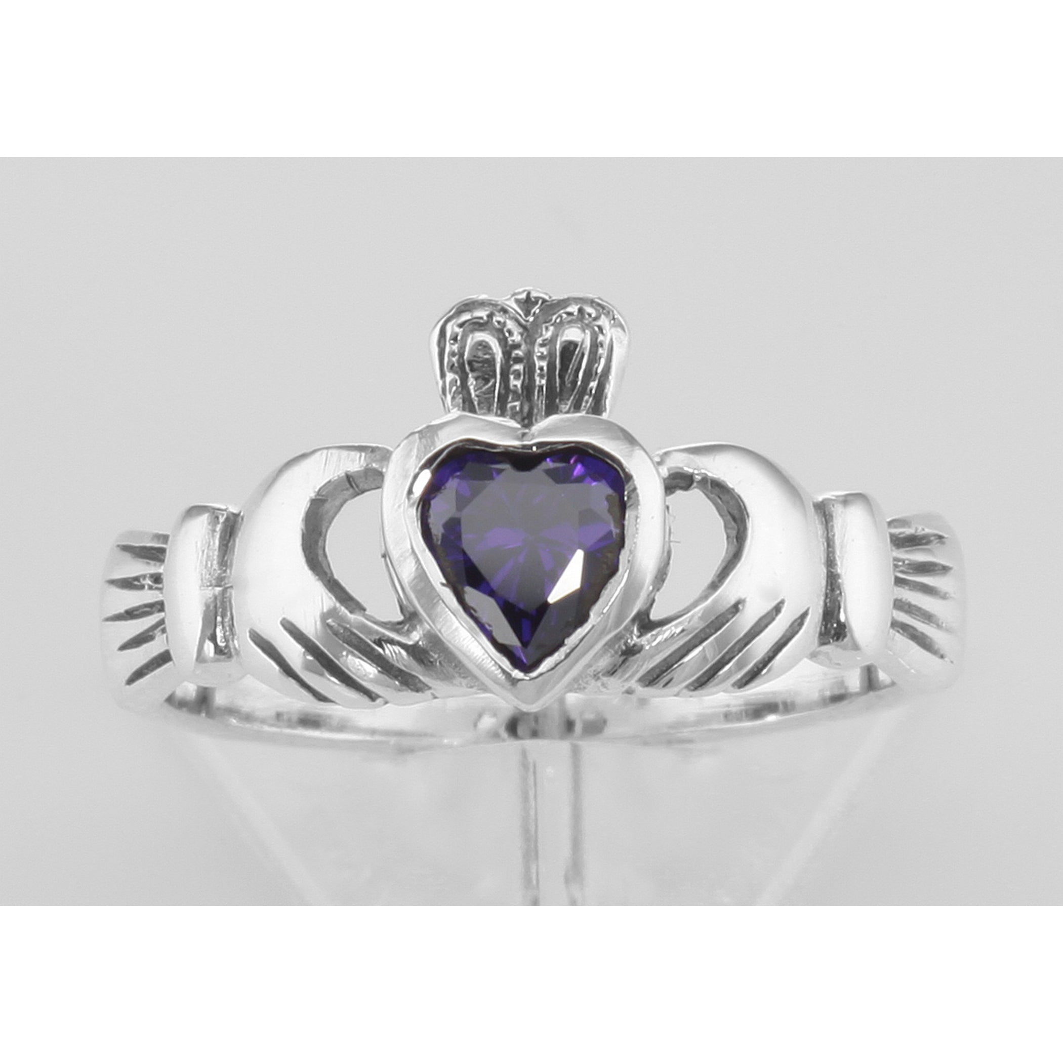 Detail view of Irish Claddagh Ring w/ Amethyst CZ Gemstone highlighting Amethyst, CZ