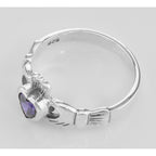 Back view of Irish Claddagh Ring w/ Amethyst CZ Gemstone showing 925 sterling silver hallmark