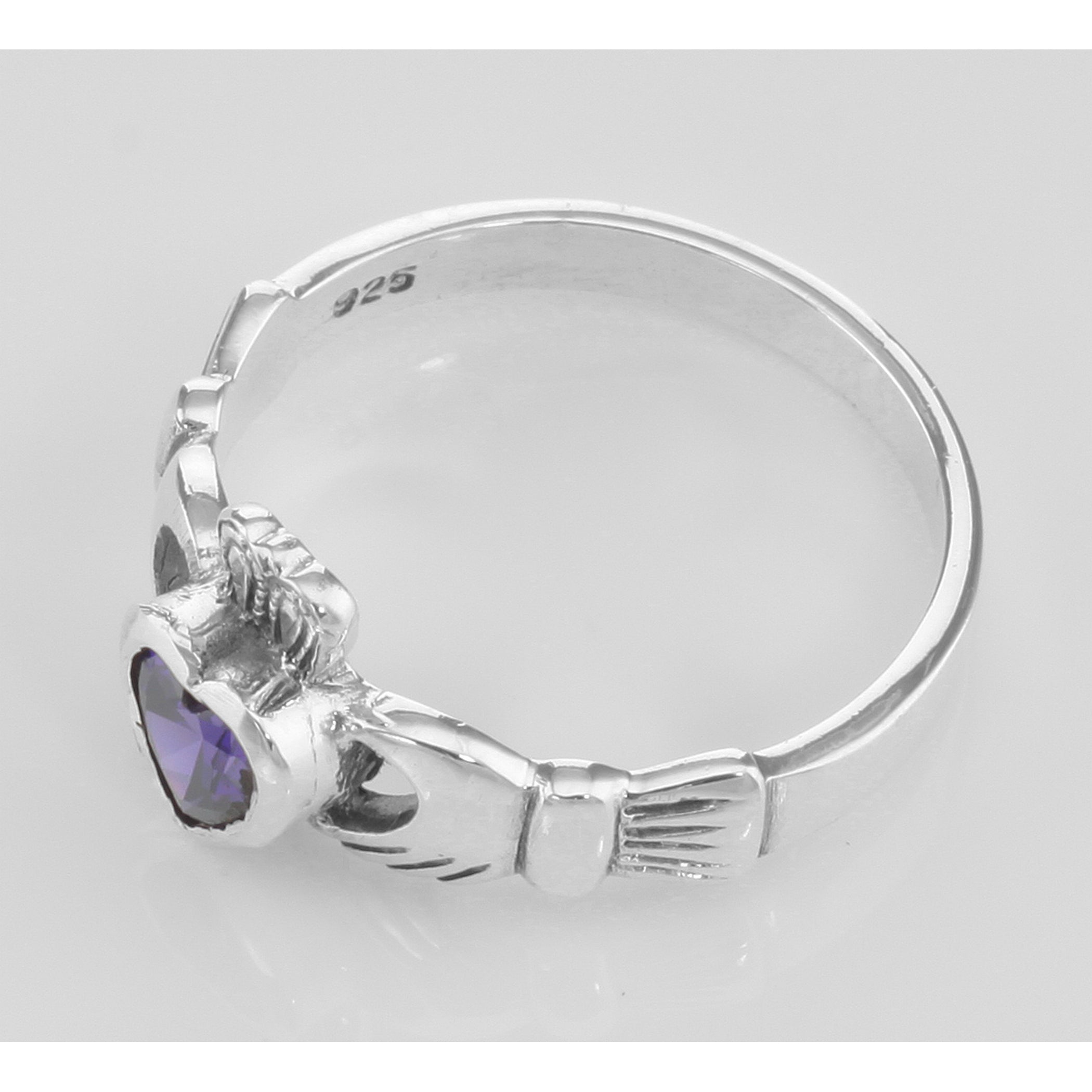 Back view of Irish Claddagh Ring w/ Amethyst CZ Gemstone showing 925 sterling silver hallmark