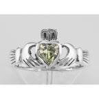 Detail view of Irish Claddagh Ring Light Green Peridot CZ highlighting Peridot, CZ