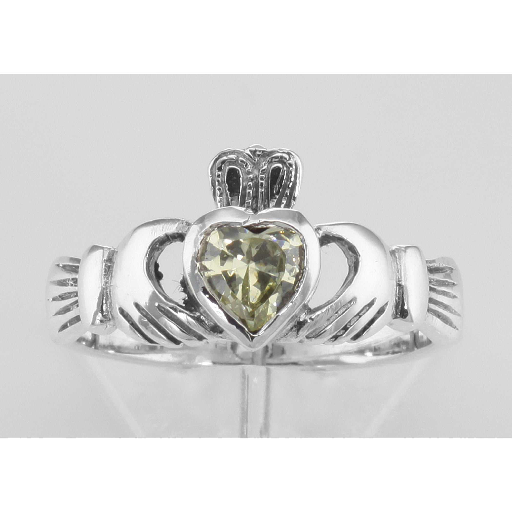 Detail view of Irish Claddagh Ring Light Green Peridot CZ highlighting Peridot, CZ