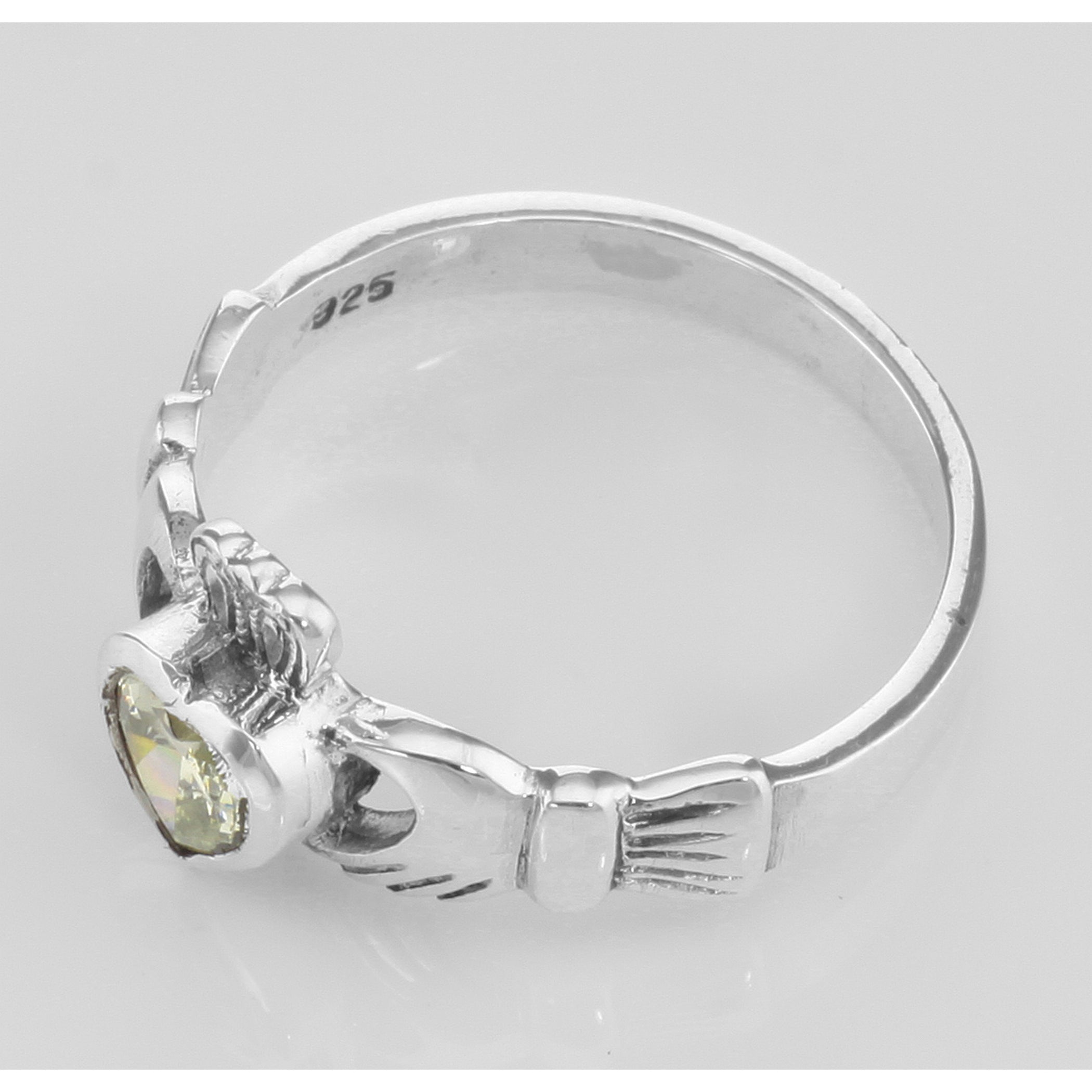 Back view of Irish Claddagh Ring Light Green Peridot CZ showing 925 sterling silver hallmark