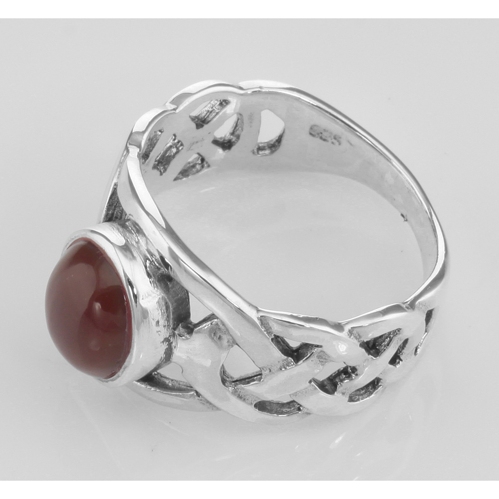 Detail view of Unique Cab Cut Red Carnelian Celtic Knot Ring highlighting Carnelian