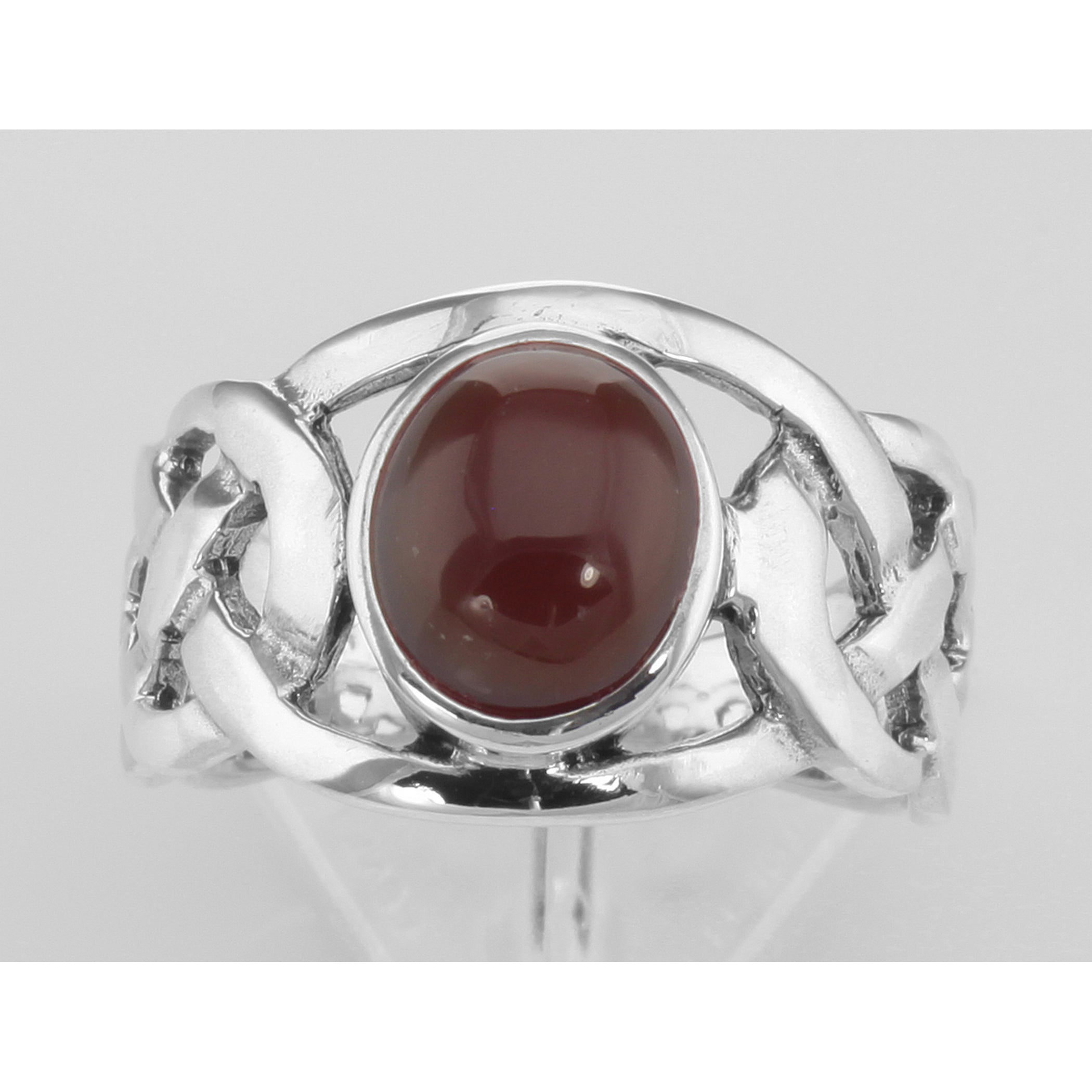 Back view of Unique Cab Cut Red Carnelian Celtic Knot Ring showing 925 sterling silver hallmark