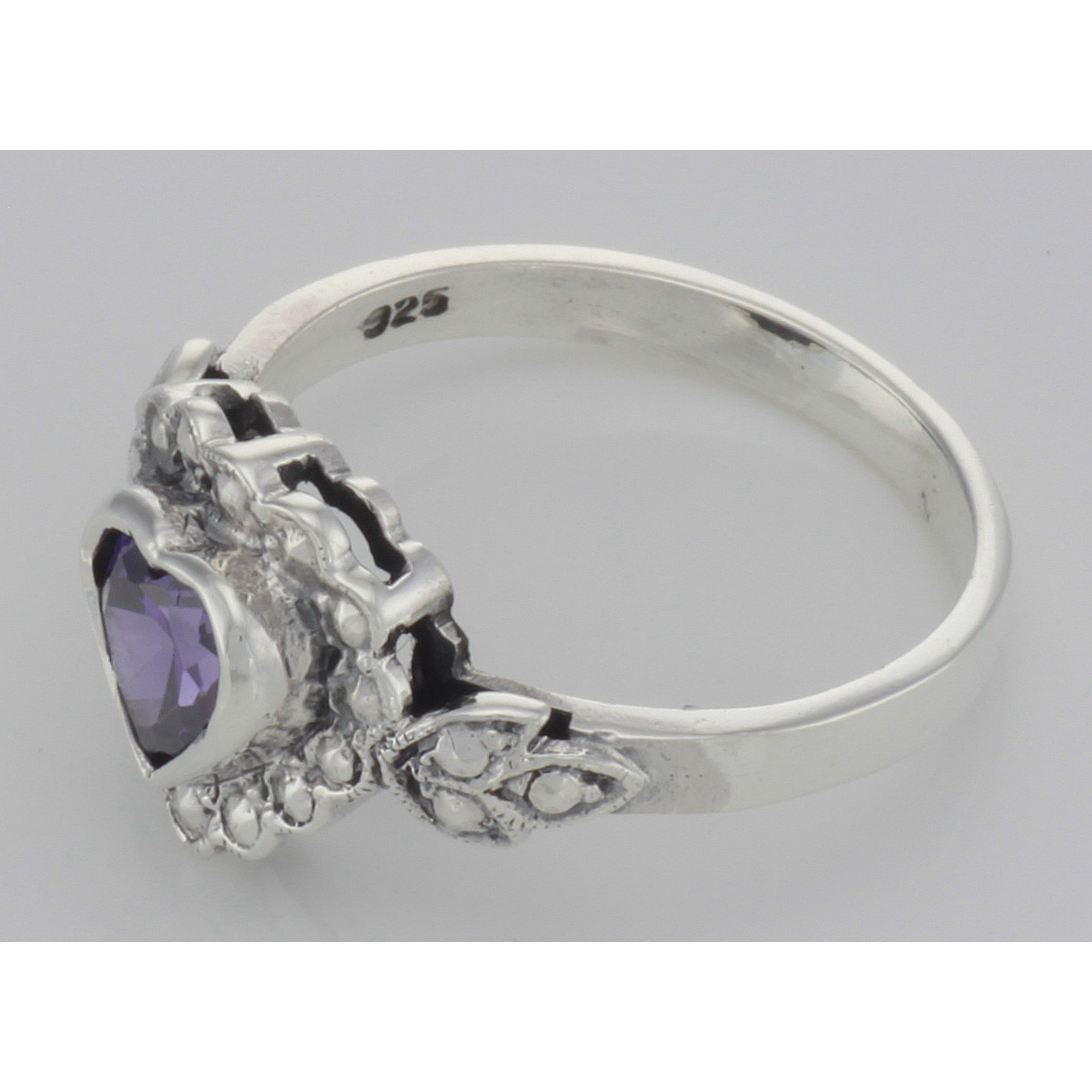 Detail view of Victorian Style Heart Shaped Amethyst Colored CZ Ring highlighting Amethyst, CZ