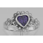 Back view of Victorian Style Heart Shaped Amethyst Colored CZ Ring showing 925 sterling silver hallmark