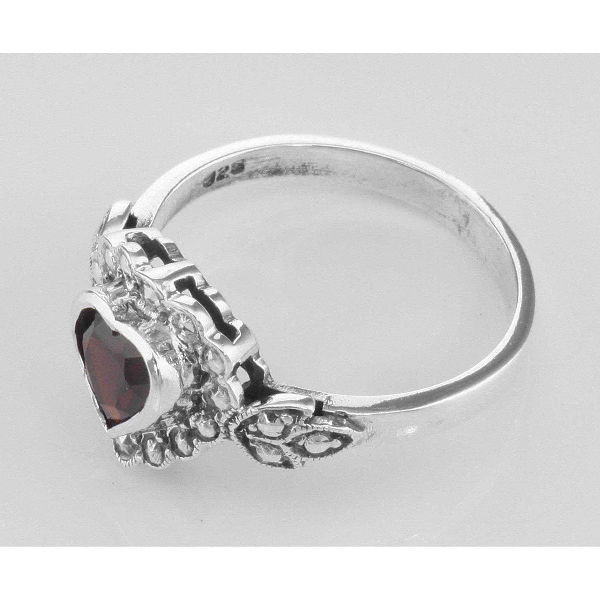 Detail view of Heart Shaped Garnet Colored CZ Gemstone Ring highlighting Garnet, CZ