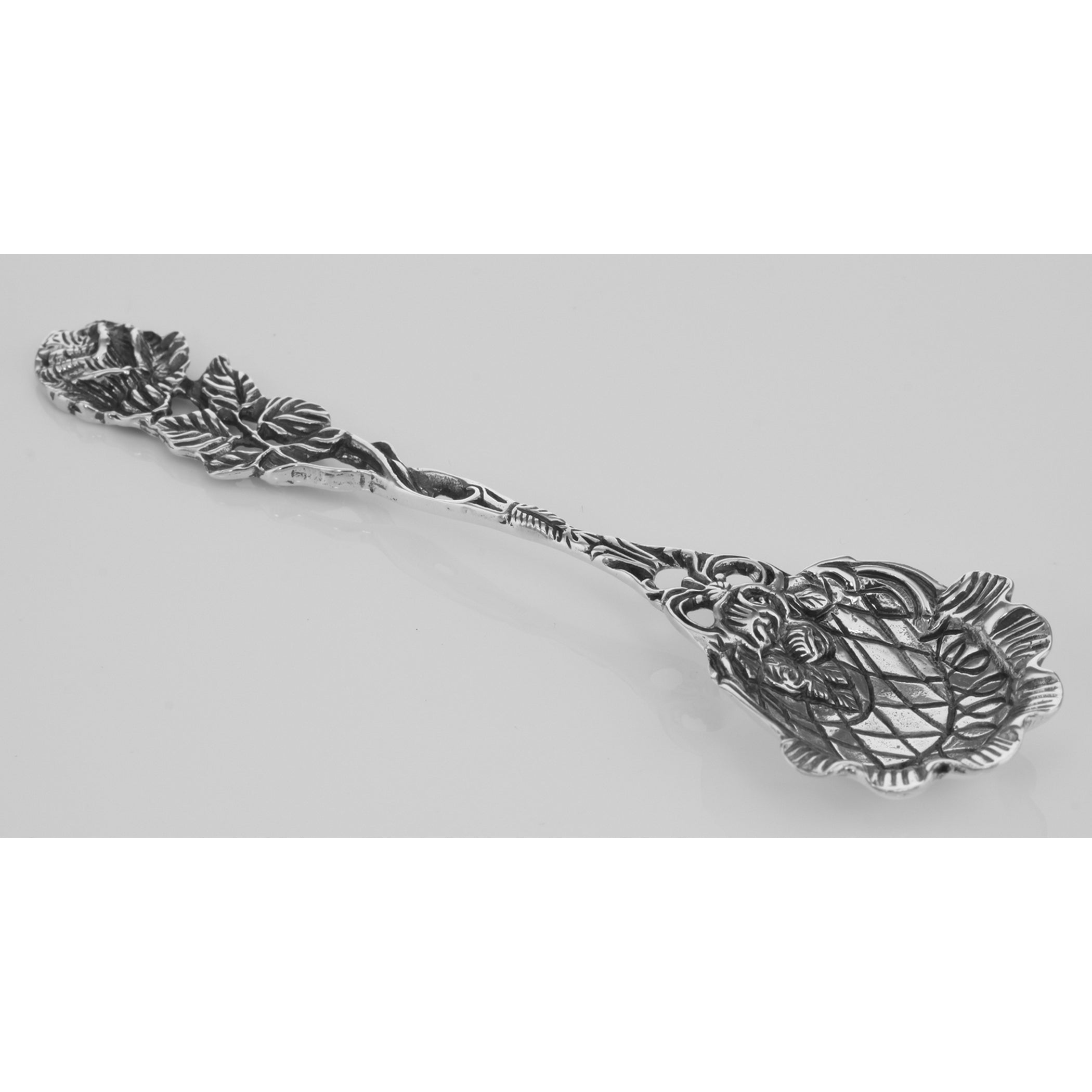 Back view of Tea Caddy / Nut Serving Spoon w/ Rose Design showing 925 sterling silver hallmark