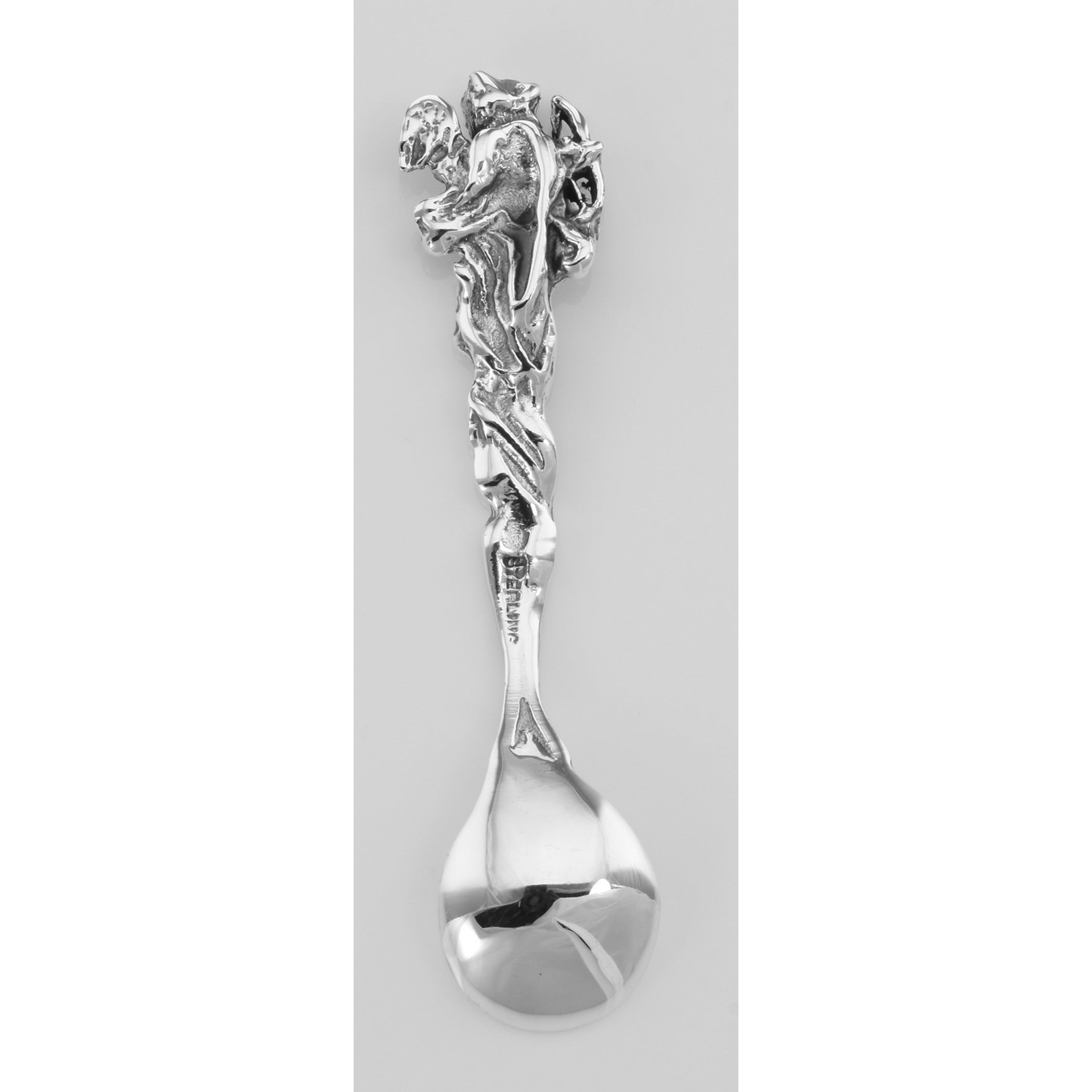 Back view of Cupid Bow Style Sterling Silver Salt Spoon showing 925 sterling silver hallmark