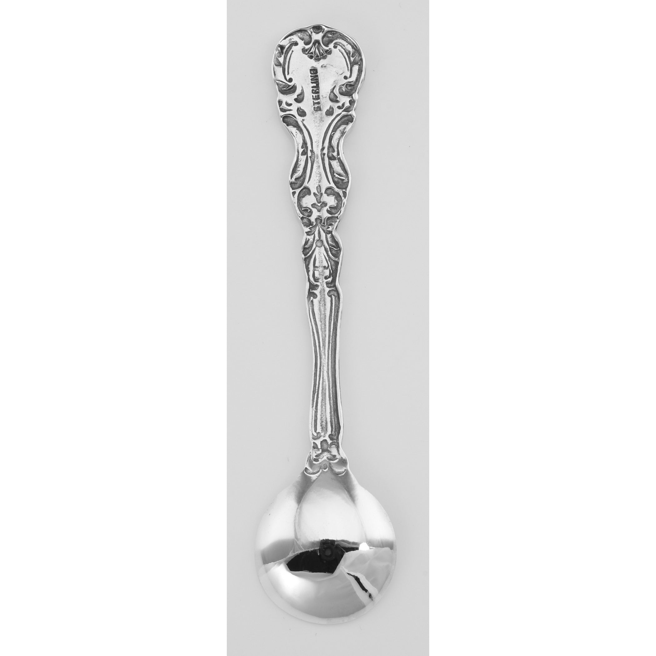 Back view of Classic Style Salt Spoon showing 925 sterling silver hallmark