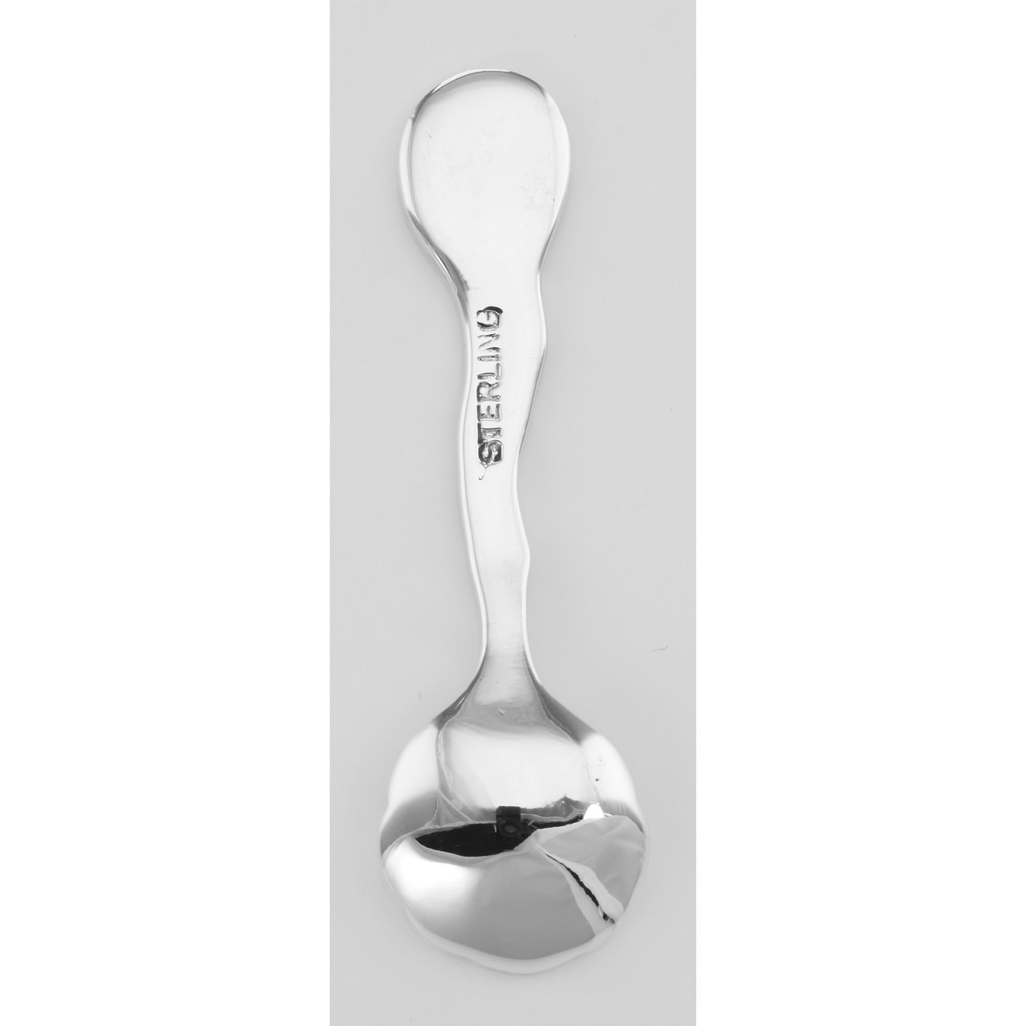 Back view of Mermaid Style Sterling Silver Salt Spoon showing 925 sterling silver hallmark
