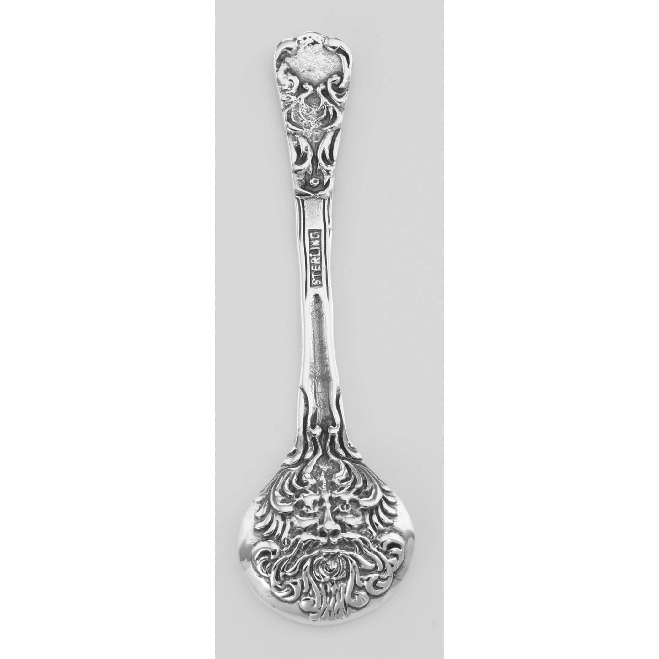 Back view of Bearded Man Style Sterling Silver Salt Spoon showing 925 sterling silver hallmark