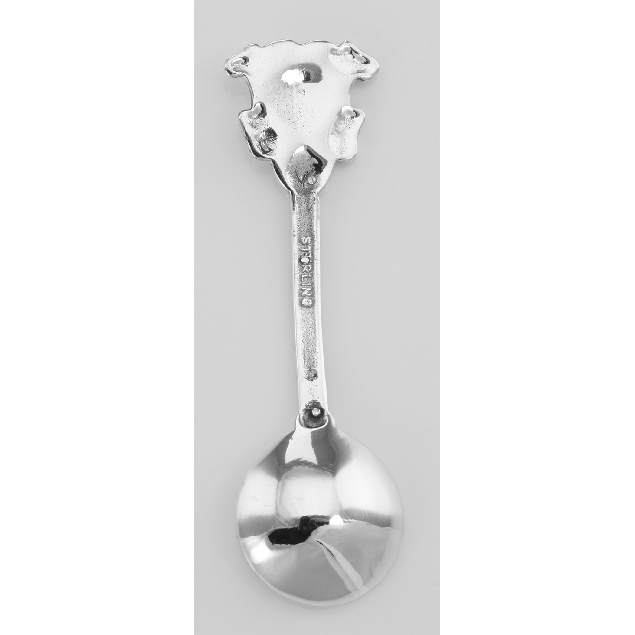 Back view of Heart Bowl Style Sterling Silver Salt Spoon showing 925 sterling silver hallmark
