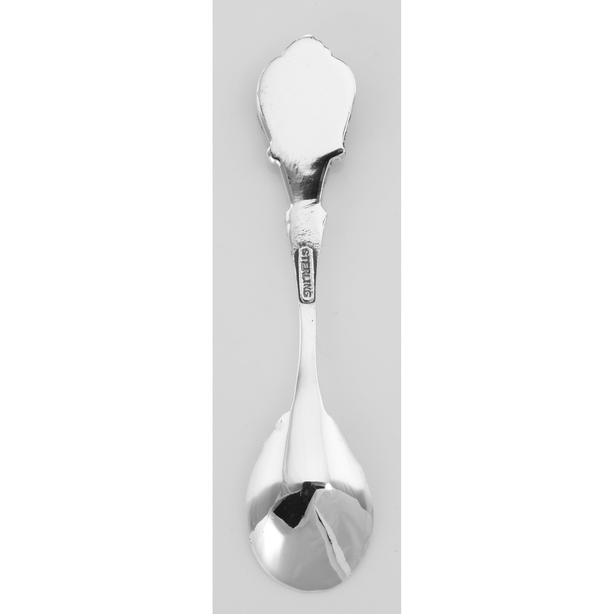 Back view of Angel Style Sterling Silver Salt Spoon showing 925 sterling silver hallmark