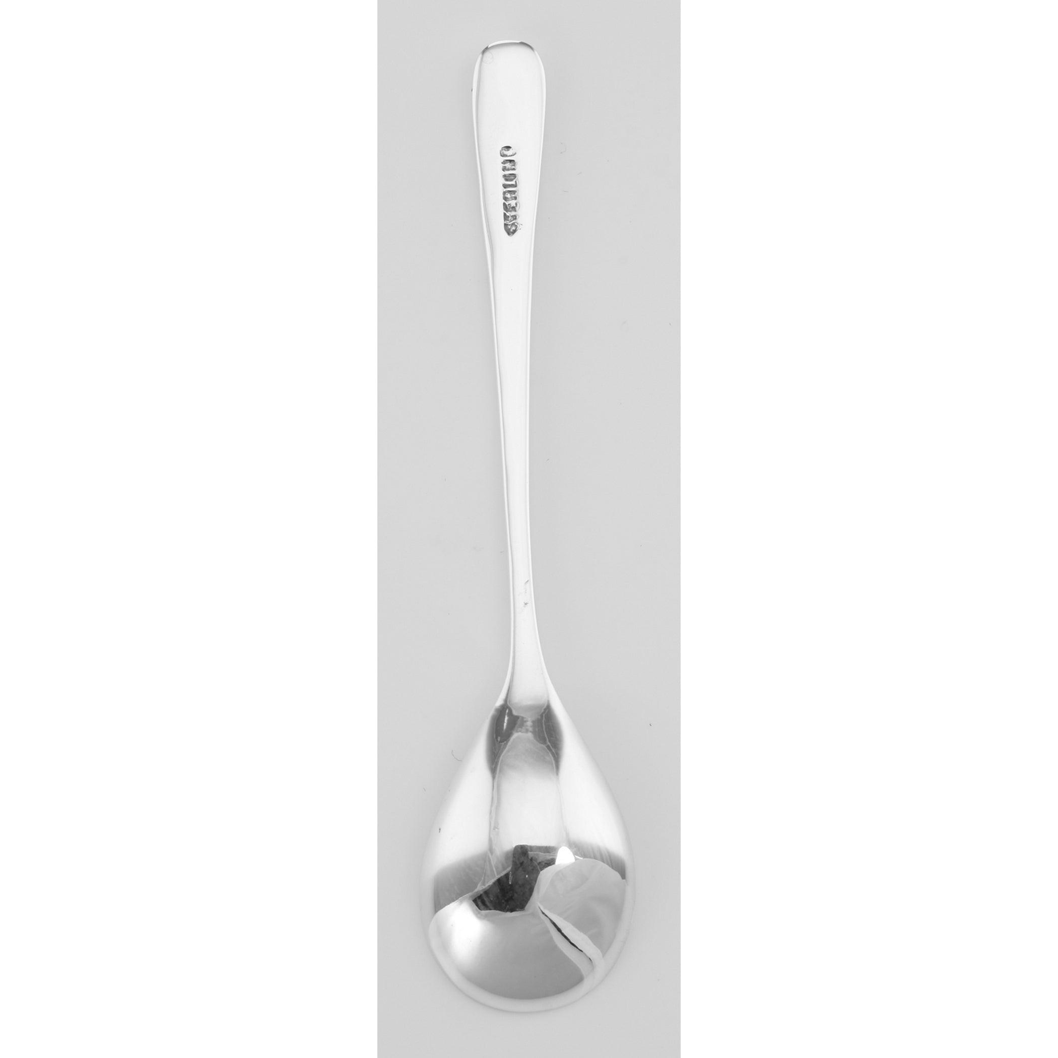 Back view of Classic Style Sterling Silver Salt Spoon showing 925 sterling silver hallmark