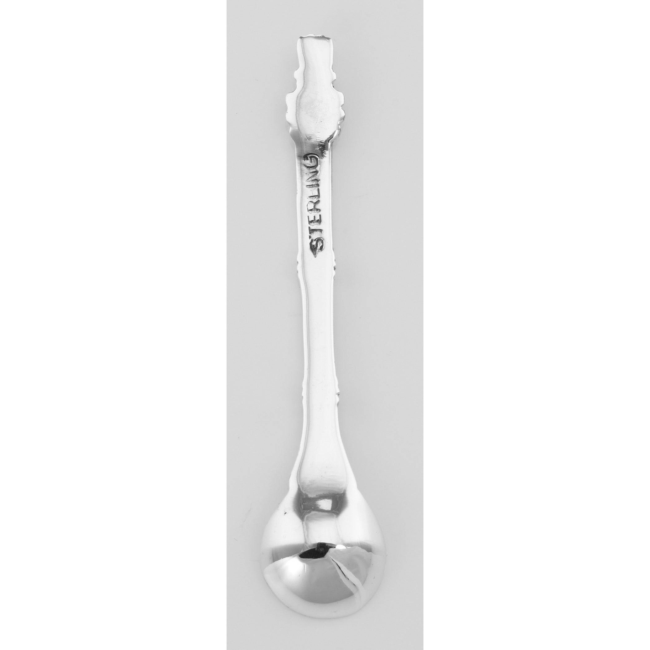 Back view of Leaf Style Sterling Silver Salt Spoon showing 925 sterling silver hallmark