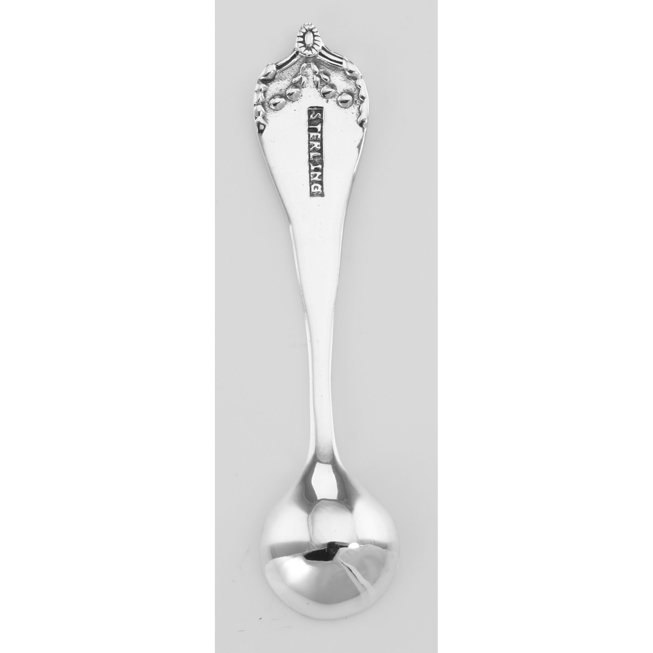 Back view of Monticello Style Sterling Silver Salt Spoon showing 925 sterling silver hallmark