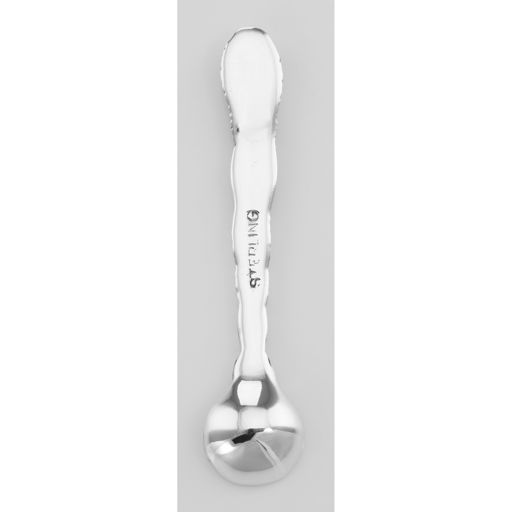 Back view of Classic Berry Style Sterling Silver Salt Spoon showing 925 sterling silver hallmark